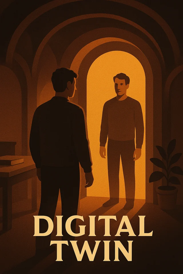 Digital Twin poster with a person facing a reflection in a warm archway