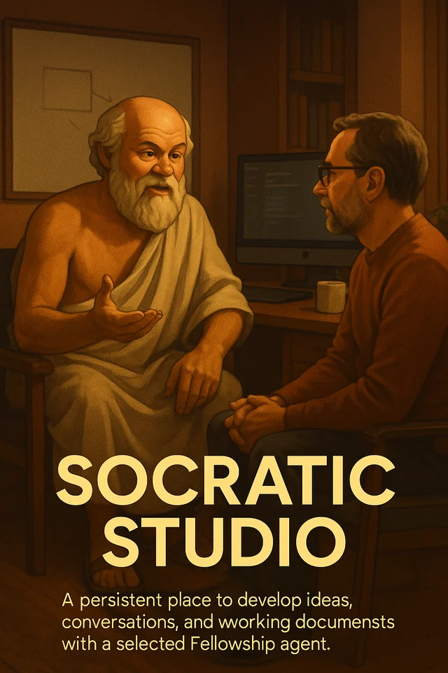Socratic Studio poster with two people in conversation